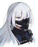  1girl ak-15_(girls&#039;_frontline) artificial_eyes blunt_bangs braid citrus7763 defy_(girls&#039;_frontline) eye_trail eyebrows_hidden_by_hair girls_frontline glowing glowing_eyes hair_over_one_eye highres light_trail long_hair looking_at_viewer mask mouth_mask simple_background solo tactical_clothes upper_body white_background white_hair 