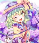  1girl :d ;d black_headwear blouse blue_skirt blush bow bright_pupils buttons diamond_button dutch_angle eyeball flower_request frilled_shirt_collar frilled_sleeves frills green_eyes hair_between_eyes hat hat_bow hat_ribbon heart heart_of_string komeiji_koishi light_green_hair long_sleeves looking_at_viewer medium_hair one_eye_closed open_mouth ribbon sekisei_(superego51) shirt skirt smile solo third_eye touhou upper_body wavy_hair white_pupils wide_sleeves yellow_bow yellow_ribbon yellow_shirt 