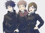  1girl 2boys belt black_hair brown_eyes brown_hair closed_mouth fushiguro_megumi hand_in_pocket hand_on_another&#039;s_shoulder high_collar highres itadori_yuuji jujutsu_kaisen jujutsu_tech_uniform kugisaki_nobara multiple_boys open_mouth pink_hair r1014-chopper short_hair simple_background smile teeth white_background 