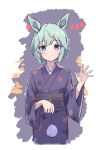  1girl absurdres alternate_costume animal_ears animal_print aqua_hair blue_eyes blush closed_mouth fish_print hand_up highres horse_ears japanese_clothes kimono long_sleeves looking_at_viewer obi purple_kimono sash seiun_sky_(umamusume) short_hair smile solo suiro_no_sakana umamusume upper_body water_yoyo waving yukata 