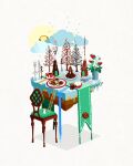  animal bare_tree building chair cold cup diorama faux_figurine floorplan food food_focus fork isometric issiki_toaki mug nature no_humans original outdoors saucer scenery sky snow syrup table tree under_table waffle winter 