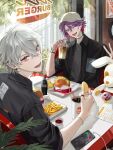  2boys absurdres baseball_cap black_shirt bottle burger choker coca-cola cup disposable_cup ear_piercing fast_food food french_fries grey_hair hair_between_eyes hat highres holding holding_cup holding_food jewelry kanae_(nijisanji) kuzuha_(nijisanji) looking_at_viewer male_focus menu multicolored_hair multiple_boys multiple_rings necklace nijisanji one_eye_closed open_mouth piercing plant pointy_ears purple_hair red_eyes redhead restaurant ring shirt sjamki soda stuffed_animal stuffed_rabbit stuffed_toy v virtual_youtuber white_headwear window 