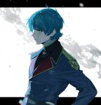  1boy alternate_universe artist_name belt black_shirt blue_eyes blue_hair blue_jacket blurry char&#039;s_counterattack commentary gundam hand_on_own_hip high_collar jacket kamille_bidan letterboxed long_sleeves looking_afar male_focus military_uniform neo_zeon outside_border serious shirt short_hair signature simple_background solo uniform upper_body ususio_11 v-shaped_eyebrows white_background 