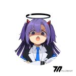 1girl asymmetrical_bangs blue_archive blue_bow blue_bowtie blue_eyes bow bowtie crossed_arms demon_horns elena_zao fangs frown halo highres horns long_hair looking_at_viewer off_shoulder open_mouth purple_hair red_pupils shirt sidelocks simple_background skin_fangs solo two_side_up upper_body white_background white_shirt yuuka_(blue_archive) 
