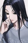  1boy absurdres alternate_costume black_eyes black_hair closed_mouth clothes_writing ear_piercing grey_background highres hunter_x_hunter illumi_zoldyck lips long_hair long_sleeves male_focus piercing simple_background sjamki sweater upper_body 