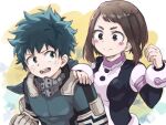  1boy 1girl blush bodysuit boku_no_hero_academia brown_hair closed_mouth dark_green_hair freckles gloves green_bodysuit hand_on_another&#039;s_shoulder highres looking_at_another mask mask_removed medium_hair midoriya_izuku open_mouth r1014-chopper short_hair sidelocks simple_background smile uraraka_ochako white_gloves 