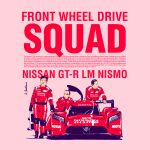  3boys black_footwear black_hair boots camdebast car english_commentary english_text gullwing_doors hair_behind_ear highres jacket knee_pads le_mans_prototype looking_at_viewer looking_to_the_side male_focus motor_vehicle multiple_boys nissan nissan_gt-r_lm_nismo pants pink_background race_vehicle racecar racing_suit real_life red_jacket red_pants signature sunglasses vehicle_focus vehicle_name walking world_endurance_championship 