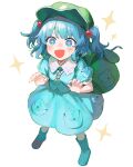  +_+ 1girl backpack bag blue_eyes blue_footwear blue_hair blue_shirt blue_skirt blush boots collared_shirt flat_cap full_body green_headwear hair_bobbles hair_ornament hat highres jill_07km kawashiro_nitori key open_mouth rubber_boots shirt short_hair short_sleeves simple_background skirt solo sparkle touhou two_side_up white_background 