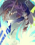  bhima_(fate) bhima_(second_ascension)_(fate) dark-skinned_male dark_skin electricity fate/grand_order fate_(series) fighting full_body highres holding holding_polearm holding_weapon long_hair male_focus polearm ponytail purple_hair smile violet_eyes wakuwakumuscle weapon 