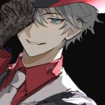  1boy absurdres adjusting_clothes adjusting_headwear artist_name blue_eyes close-up collared_shirt commentary ensemble_stars! gloves grey_hair hand_up hat highres looking_at_viewer male_focus necktie official_alternate_costume one_eye_covered ri_annri sena_izumi_(ensemble_stars!) shirt short_hair smile solo teeth watermark white_necktie 
