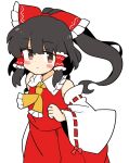  1girl ascot bare_shoulders black_hair blush bow brown_eyes closed_mouth detached_sleeves hair_bow hair_tubes hakurei_reimu ini_(inunabe00) japanese_clothes long_hair nontraditional_miko red_bow red_skirt ribbon-trimmed_sleeves ribbon_trim sidelocks simple_background skirt solo touhou white_background white_sleeves wide_sleeves yellow_ascot 