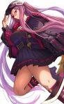  1girl aroi26 chrysaor_(fate) fate/grand_order fate_(series) hat highres holding holding_knife knife legs long_hair looking_at_viewer medusa_(fate) medusa_(saber)_(fate) pink-tinted_eyewear purple_hair round_eyewear simple_background solo square_pupils sunglasses thighs tinted_eyewear very_long_hair violet_eyes white_background 
