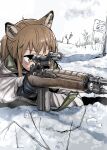  1girl absurdres aiming animal_ears bare_tree battle_rifle black_gloves brown_eyes brown_hair cat_ears cat_girl gloves gun highres hood hoodie jacket m14 original ponytail rifle scope sketch sling snow solo tree weapon white_hoodie white_jacket winter yihan_world 