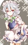  1girl apron blue_vest bow bowtie braid frilled_skirt frills green_bow green_bowtie hair_bow heart highres izayoi_sakuya looking_to_the_side maid maid_apron maid_headdress one-hour_drawing_challenge red_eyes shirt short_sleeves skirt smile solo speech_bubble touhou tsumurikoto twin_braids vest waist_apron white_apron white_headwear white_shirt 