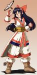  0tacat 1girl absurdres ainu_clothes arm_guards bird black_hair boots bow breasts bridal_gauntlets brown_footwear clenched_hands commentary english_commentary full_body grey_eyes hair_bow hawk highres long_hair mamahaha medium_breasts nakoruru pants parted_lips red_bow retro_artstyle samurai_spirits short_sword signature smile solo sword weapon white_pants 
