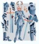  1girl absurdres armor bbybluemochi breastplate earrings flower full_body grey_background hair_flower hair_ornament highres holding holding_sword holding_weapon jewelry knight long_hair original scabbard sheath signature sword weapon white_hair 