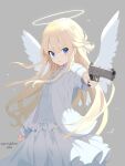  2023 angel blonde_hair blue_dress blush clenched_hand closed_mouth cowboy_shot dress frills frown grey_background gun halo handgun high_contrast highres holding holding_gun holding_weapon long_hair long_sleeves looking_at_viewer merryhime original sig_sauer_p320 signature trigger_discipline weapon white_wings wind wings yellow_halo 