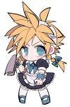  1boy apron blonde_hair blue_bow blue_eyes blue_footwear bow braid chibi cloud_strife crossdressing duster earrings expressionless final_fantasy final_fantasy_vii hair_bow highres holding holding_duster jewelry kneehighs long_hair low_twin_braids maid maid_apron maid_headdress male_focus mary_janes puffy_short_sleeves puffy_sleeves shoes short_sleeves socks spiky_hair stud_earrings ttnoooo twin_braids white_background white_socks 