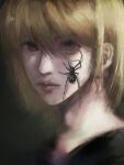  1other androgynous black_widow_(spider) blonde_hair bug cornchiva expressionless highres hunter_x_hunter kurapika looking_at_viewer portrait short_hair solo spider upper_body 