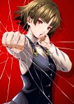  1girl against_fourth_wall black_skirt braid brown_hair clenched_hands commentary_request cracked_screen crown_braid fourth_wall hand_to_own_mouth highres long_sleeves looking_at_viewer masatoshi_1219 niijima_makoto persona persona_5 persona_5_the_royal plaid plaid_skirt punching red_background red_eyes school_uniform shirt short_hair shuujin_academy_school_uniform skirt solo upper_body white_shirt 