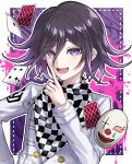  1boy :d blood buttons card checkered_clothes checkered_scarf danganronpa_(series) danganronpa_v3:_killing_harmony double-breasted hand_on_own_hip hand_up highres jacket long_sleeves male_focus mask oma_kokichi open_mouth outline pink_blood pink_eyes scarf smile solo taru_(429_ne5) teeth upper_body upper_teeth_only white_jacket white_outline 