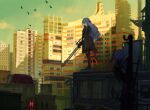  1girl blurry blurry_foreground braided_sidelock concept_art felicette_(marfusha) full_body grey_hair gun highres hin&#039;yari_(kakukuru) long_hair looking_at_viewer marfusha original pantyhose rifle scenery sniper sniper_rifle solo thigh_strap very_long_hair violet_eyes weapon 