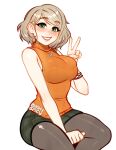  ashley_graham blonde_hair blush blushyspicy bra_visible_through_clothes breasts green_eyes highres jewelry large_breasts narrow_waist necklace pantyhose resident_evil resident_evil_4 short_hair skort sleeveless sleeveless_turtleneck smile sweater thighs turtleneck v 