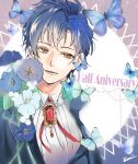  1boy absurdres adam&#039;s_apple blue_butterfly blue_flower blue_hair brown_eyes bug butterfly flower gem highres km2445 kujo_sakuya la_corda_d&#039;oro la_corda_d&#039;oro_starlight_orchestra male_focus short_hair solo upper_body 