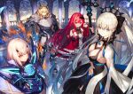  4girls absurdres armor baobhan_sith_(fate) barghest_(fate) black_dress blonde_hair cane crown dress fate/grand_order fate_(series) grey_hair hair_ornament highres long_hair looking_at_viewer melusine_(fate) morgan_le_fay_(fate) multiple_girls nakanishi_tatsuya pointy_ears ponytail red_dress redhead sword weapon 