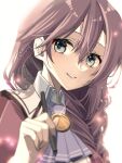  1girl blurry blurry_background brown_hair double-parted_bangs eiyuu_densetsu emma_millstein green_eyes hair_between_eyes holding holding_pen long_hair looking_at_viewer natsusechoco pen portrait sen_no_kiseki simple_background thors_military_academy_class_vii_uniform white_background 