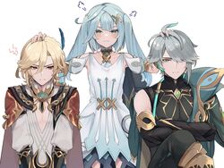  1girl 2boys ahoge akasha_terminal alhaitham_(genshin_impact) angry aqua_hair blonde_hair breasts closed_mouth crossed_arms crossed_legs detached_sleeves dress faruzan_(genshin_impact) feather_hair_ornament feathers genshin_impact grey_hair hair_between_eyes hair_ornament hair_over_one_eye highres kaveh_(genshin_impact) long_hair multiple_boys muscular pectoral_cleavage pectorals red_eyes short_hair simple_background sitting small_breasts twintails ura_(hamburg_oniku) white_dress white_sleeves x_hair_ornament 