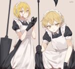 1boy 1girl apron axe black_dress black_gloves blonde_hair blood blood_on_clothes closed_mouth commentary_request don_quixote_(limbus_company) dress empty_eyes gloves grey_background highres holding holding_axe korean_commentary lance limbus_company looking_at_viewer love_mintchoco maid maid_headdress parted_lips polearm project_moon puffy_short_sleeves puffy_sleeves short_hair short_sleeves simple_background sinclair_(limbus_company) weapon white_apron yellow_eyes 