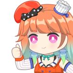  1girl aprob_(meme) beret black_bow bow bowtie bright_pupils chef_hat chibi collared_shirt detached_sleeves earrings feather_earrings feathers gradient_hair green_bow green_bowtie green_hair hat hololive hololive_english jewelry long_hair meme mini_hat multicolored_hair multiple_hats orange_hair orange_headwear orange_shirt pink_eyes shirt smile solo star_(symbol) star_print takanashi_kiara takanashi_kiara_(1st_costume) thumbs_up upper_body vertical-striped_sleeves virtual_youtuber white_headwear white_pupils white_sleeves zephylyne 