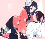  2girls black_hair blue_hair blush butterfly_hair_ornament commentary_request hair_ornament kimetsu_no_yaiba kochou_shinobu makomo_(kimetsu) mask mask_on_head multicolored_hair multiple_girls pome05 purple_hair translation_request yuri 