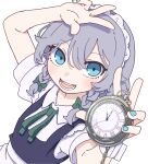  1girl absurdres apron blue_dress blue_eyes blush braid collared_shirt commentary dress grey_hair hair_between_eyes highres holding izayoi_sakuya kame_(kamepan44231) maid maid_apron maid_headdress one-hour_drawing_challenge open_mouth shirt short_hair short_sleeves simple_background smile solo touhou twin_braids upper_body waist_apron watch white_apron white_background white_shirt 