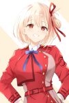  1girl :d blonde_hair blue_ribbon blush breasts commentary cowboy_shot dress eyelashes grin hair_between_eyes hair_ribbon hands_on_own_hips highres large_breasts long_sleeves looking_at_viewer lycoris_recoil lycoris_uniform medium_hair nishikigi_chisato one_side_up red_dress red_eyes red_ribbon ribbon ririka_(ab-yuri) sidelighting simple_background smile solo standing straight-on white_background 