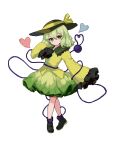  1girl black_footwear black_headwear buttons closed_mouth collared_shirt commentary diamond_button frilled_shirt_collar frilled_sleeves frills full_body green_eyes green_hair green_skirt hair_between_eyes hat hat_ribbon heart heart_of_string kani_nyan komeiji_koishi pixel_art ribbon shirt shoes short_hair simple_background skirt sleeves_past_fingers sleeves_past_wrists smile solo third_eye touhou white_background wide_sleeves yellow_ribbon yellow_shirt 