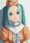  1girl absurdres aqua_hair closed_mouth dress expressionless googly_eyes green_eyes highres looking_at_viewer medium_hair monogatari_(series) nemo_ringo ononoki_yotsugi orange_dress orange_headwear short_eyebrows solo thick_eyebrows twintails 