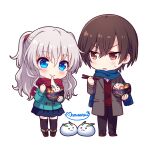  1boy 1girl aqua_jacket black_thighhighs blue_eyes blue_scarf blue_skirt blush boots bowl brown_coat brown_eyes brown_footwear brown_hair casual charlotte_(anime) chibi chopsticks closed_mouth coat commentary_request crossed_bangs eating food frown grey_hair hair_between_eyes half_updo holding holding_bowl holding_chopsticks jacket jitome kousetsu long_hair looking_at_another miniskirt mochi mochi_trail open_mouth otosaka_yuu red_scarf scarf short_hair short_ponytail signature simple_background skirt smile snow_rabbit sweatdrop thigh-highs tomori_nao v-shaped_eyebrows wavy_hair white_background winter_clothes zettai_ryouiki 