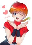  1girl ;d artist_name black_pants blonde_hair blue_eyes braid braided_ponytail breasts chinese_clothes commentary eyelashes frog_button gradient_hair hands_up heart highres large_breasts looking_at_viewer mandarin_collar multicolored_hair one_eye_closed open_mouth own_hands_together pants ranma-chan ranma_1/2 red_shirt redhead romaji_text round_teeth shirt short_sleeves simple_background single_braid smile solo tangzhuang teeth toggles ukinarika upper_body upper_teeth_only w_arms white_background 
