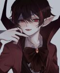  1boy black_hair black_vest bow bowtie brooch coat collared_shirt fingernails frown highres jewelry library_of_ruina long_sleeves looking_at_viewer male_focus moth_ram multicolored_hair nosferatu_(project_moon) open_mouth pointy_ears project_moon red_bow red_bowtie red_coat red_eyes redhead sharp_fingernails shirt solo streaked_hair upper_body vampire vest white_shirt 