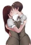  2girls ass blush breast_press breasts brown_hair closed_eyes cowboy_shot dermar from_side glasses hand_on_another&#039;s_arm hand_on_another&#039;s_back hand_on_another&#039;s_neck hand_on_another&#039;s_waist highres hug kiss large_breasts long_hair misuzu_(stainless_night) mole mole_under_mouth multiple_girls neck_ribbon profile puffy_short_sleeves puffy_sleeves red_ribbon redhead ribbon round_eyewear sayaka_(stainless_night) school_uniform shirt short_hair short_sleeves side_slit sidelocks simple_background skirt stainless_night standing straight_hair white_background white_shirt yuri 
