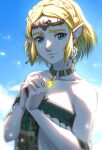  1girl bare_shoulders blonde_hair blue_sky braid closed_mouth clouds collarbone commentary crown_braid delsaber dress earrings facial_mark green_eyes jewelry looking_at_viewer magatama magatama_necklace necklace own_hands_together pointy_ears princess_zelda short_hair sky smile solo strapless strapless_dress teardrop_facial_mark the_legend_of_zelda the_legend_of_zelda:_tears_of_the_kingdom white_dress 