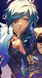  1boy artist_name black_shirt blue_background blue_eyes blue_hair braid braided_ponytail bridal_gauntlets chacha_(ochaco_gnsn) chromatic_aberration commentary_request dark-skinned_male dark_skin dated earrings eyepatch film_grain finger_to_mouth fur_scarf genshin_impact gold_trim grin hair_over_shoulder high_collar highres index_finger_raised jewelry kaeya_(genshin_impact) kaeya_(sailwind_shadow)_(genshin_impact) long_hair looking_at_viewer male_focus official_alternate_costume official_alternate_hairstyle peacock_feathers shirt shushing single_braid single_earring sleeveless sleeveless_shirt smile solo twitter_username upper_body 