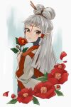  1girl blunt_ends brown_eyes closed_mouth coat eye_symbol facial_mark flower forehead_mark grey_coat hair_ornament hair_ribbon hair_stick highres holding holding_flower long_hair looking_at_viewer maya_(mayamayammy) paya_(zelda) pointy_ears red_flower ribbon sheikah simple_background solo the_legend_of_zelda the_legend_of_zelda:_tears_of_the_kingdom tress_ribbon updo 