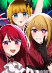  3girls :3 :d absurdres arima_kana arm_up ascot black_bow black_gloves black_headwear black_ribbon blonde_hair blue_eyes blunt_bangs blush bob_cut bow capelet clenched_teeth collared_capelet collared_shirt commentary demon_horns fake_horns floating_hair frilled_gloves frills gloves hair_between_eyes hair_bow hat hat_ribbon highres horns hoshino_ruby idol idol_clothes index_finger_raised inverted_bob light_particles long_hair looking_at_viewer medium_hair memcho mini_hat mini_top_hat mismatched_pupils multiple_girls neck_ribbon open_mouth oshi_no_ko pink_eyes red_brooch red_capelet red_eyes red_shirt redhead ribbon shadow shirt short_hair sidelocks smile star-shaped_pupils star_(symbol) symbol-shaped_pupils teeth top_hat torajirou_(95910958) upper_body upper_teeth_only v white_ascot 