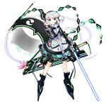 1girl alternate_costume black_footwear black_hairband closed_mouth energy_sword flower frilled_skirt frills full_body game_cg ghost green_eyes green_skirt hairband headset highres holding_lightsaber konpaku_youmu konpaku_youmu_(ghost) konpaku_youmu_(lunar_war_gardener) lightsaber long_sleeves looking_at_viewer pink_flower rotte_(1109) short_hair simple_background skirt solo sword third-party_source touhou touhou_lost_word weapon white_background 