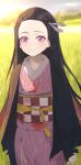  1girl black_hair blood blood_on_clothes blurry blurry_background checkered_sash closed_mouth commentary darkzmonsty day depth_of_field english_commentary field forehead hair_ribbon highres japanese_clothes kamado_nezuko kimetsu_no_yaiba kimono long_hair long_sleeves obi open_clothes outdoors pink_eyes pink_kimono ribbon sash smile solo very_long_hair white_ribbon 