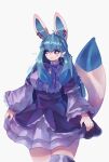  ... animal_ears artist_name blush body_fur borrowed_design bow colored_sclera cosplay_request dress ear_piercing frown glaceon grey_eyes high-waist_skirt highres looking_to_the_side personification piercing pokemon purple_bow purple_dress purple_sclera single_thighhigh skindentation skirt tail thigh-highs umineko_no_naku_koro_ni white_fur woozie 