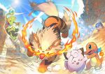  arcanine blue_sky bubble_beam_(pokemon) charmander clefairy closed_eyes fire fushigi_no_dungeon jumping no_humans official_art open_mouth outdoors pokemon pokemon_(creature) pokemon_(game) pokemon_mystery_dungeon poliwag sky treecko 